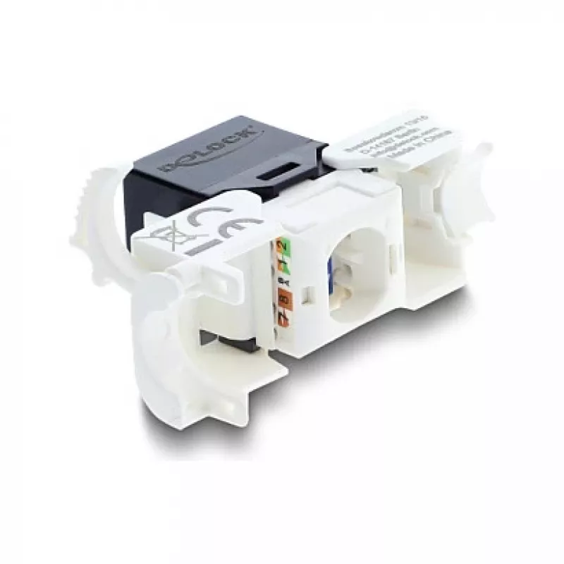 Keystone-Modul RJ45 auf LSA Kat.6 UTP mit Rastclip und kabelbinderfrei — DELOCK 90794, flach schwarz/weiß, 16,1×30×19,4 mm