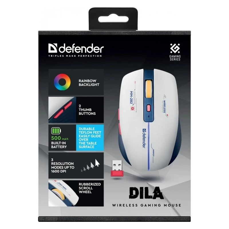 Kabellose Gaming-Maus DEFENDER MM-282 RF — beidhändig, optisch 1800 DPI, 5 Tasten, USB, batteriebetrieben