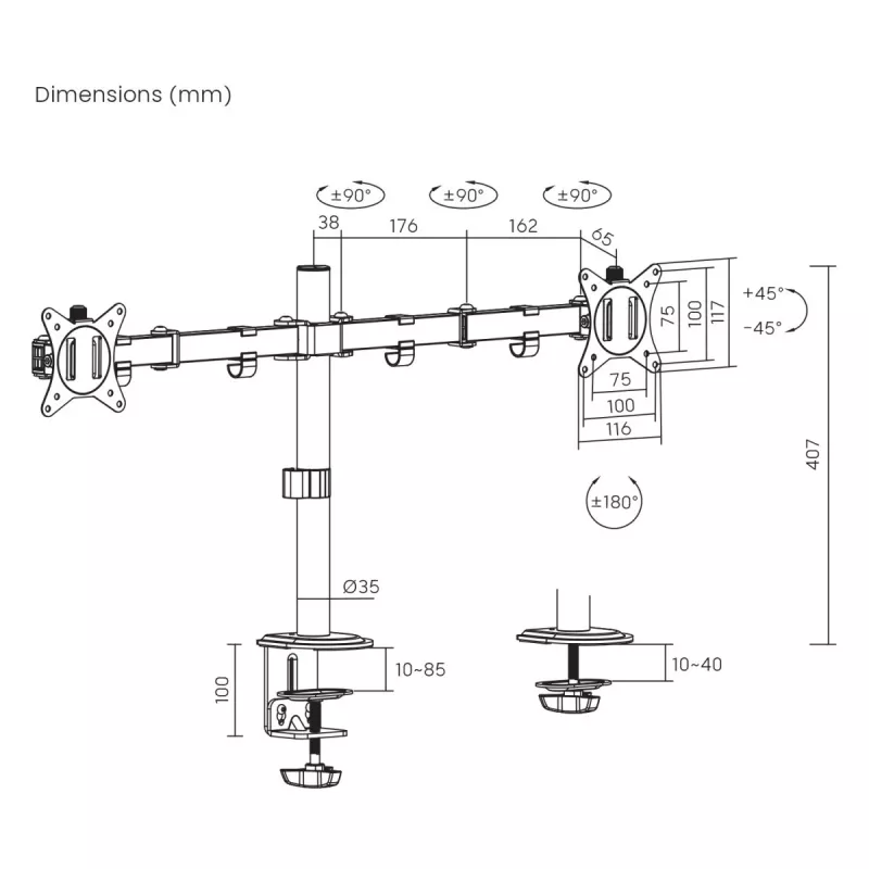 Maclean Tischhalterung für 2 Monitore, VESA 75x75 und 100x100, 17-32, 2x 9kg, MC-754N