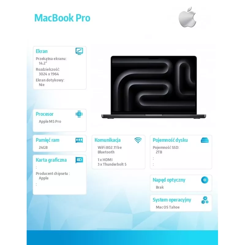 Laptop Apple MacBook Pro 14 Zoll — M5 Pro 18‑Core CPU / 20‑Core GPU, 24 GB RAM, 2 TB SSD, Space Black