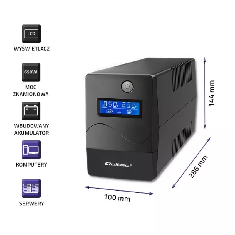 Qoltec Monolith USV Doppelwandlung Online 0,65 kVA 360 W 2 AC-Steckdosen