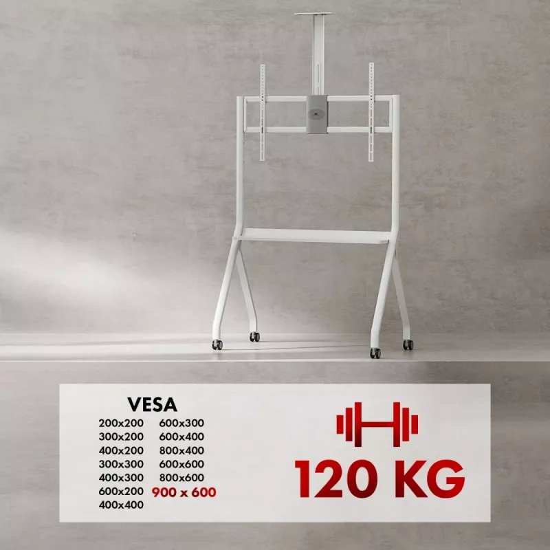 Boden-TV-Ständer MACLEAN MC-114 W für Displays 55 Zoll–100 Zoll, weiß, VESA bis zu 900x600, maximale Belastung 120 kg, Höhe 115–152 cm, Ablage