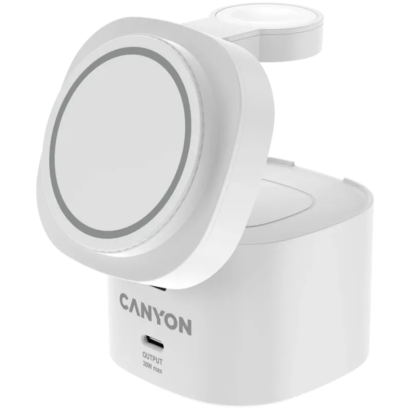 Canyon 4-in-1 kabellose Ladestation, max. 30 W, Größe: 70x70x70,3 mm, Gewicht: 414 g, mit 65-W-Netzteil und 1 m Kabel, weiß