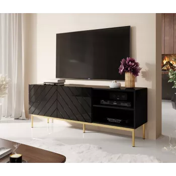 ABETO RTV-Schrank auf goldfarbener Stahlrahmen 150x42x60 schwarz/glänzend schwarz