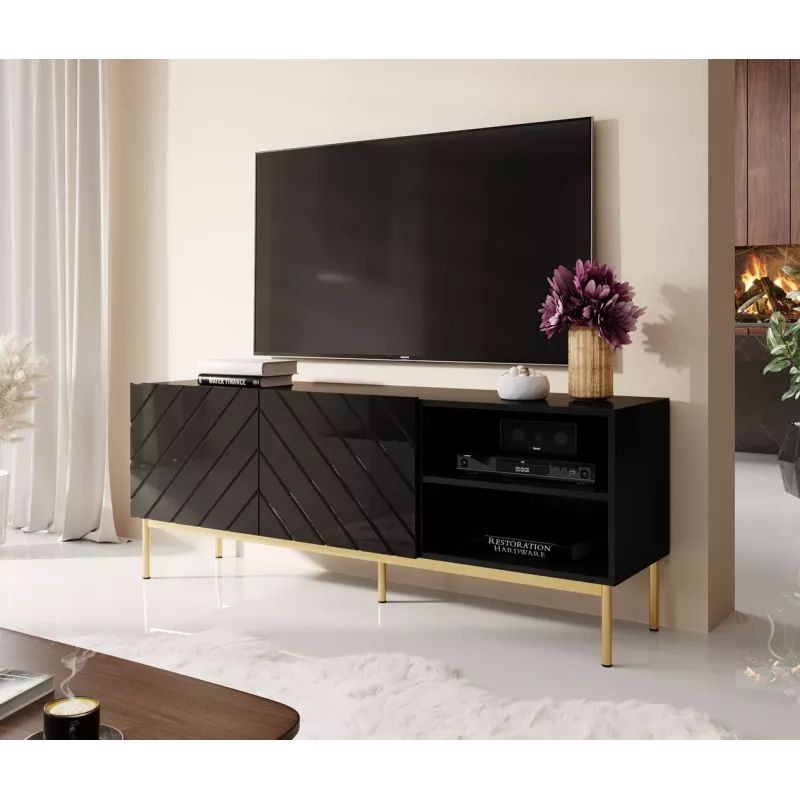 ABETO RTV-Schrank auf goldfarbener Stahlrahmen 150x42x60 schwarz/glänzend schwarz