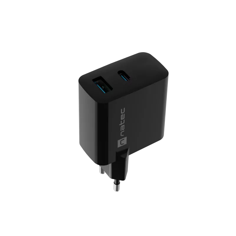 Kabelgebundes Mobilgeräte-Ladegerät NATEC NUC-2143, 45 W, USB-C PD 3.0 + USB-A QC 3.0, 110–240 V, Schwarz
