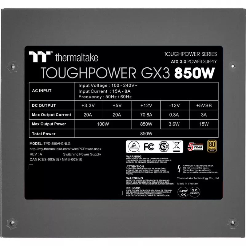 Thermaltake ToughPower GX3 - Netzteil (intern) - ATX12V 3.0 - EPS12V - 80 PLUS Gold - AC 100-240 V - 850 Watt - Schwarz (PS-TPD-0850NNFAGE-3)