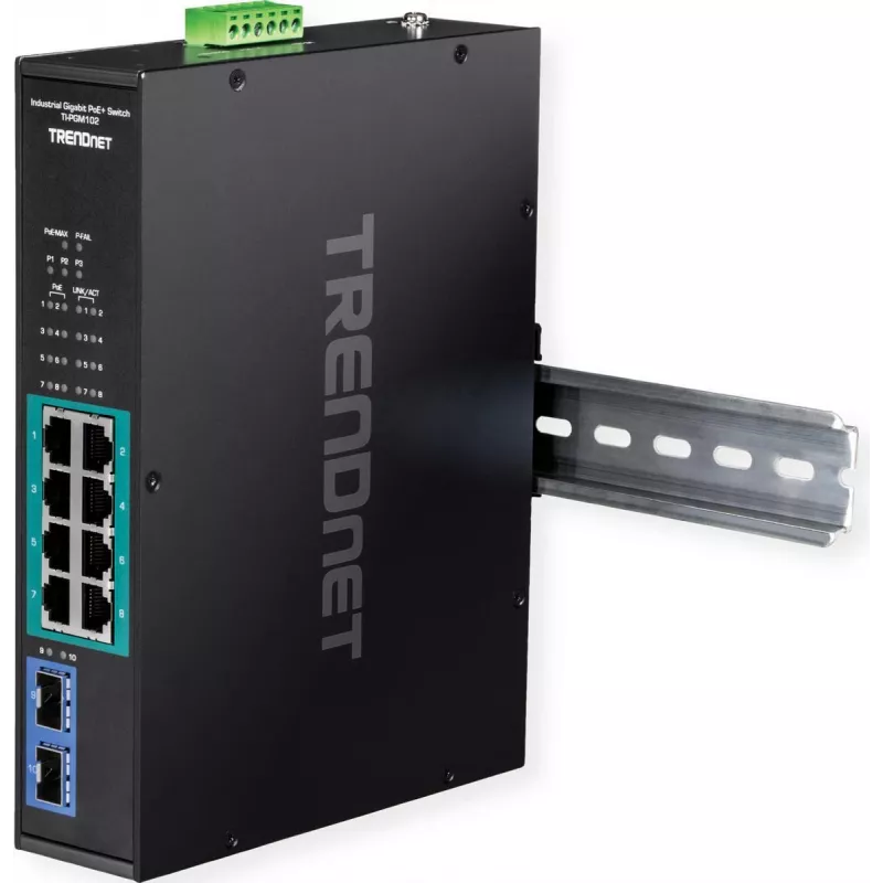 TRENDnet TI-PGM102 - Switch - industriell - 8 x 10/100/1000 (PoE+) + 2 x Gigabit SFP - Hutschienenmontage, wandmontierbar - PoE+ (240 W) - TAA-konform (TI-PGM102)