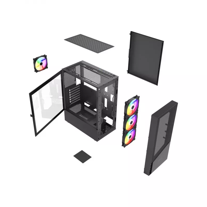 PC-Gehäuse GEMBIRD Fornax 4300 Midi Tower ATX, gehärtetes Glas, 2x 3,5-Zoll-Einschübe, 3x 2,5-Zoll-Einschübe, ARGB-Lüfterunterstützung, USB 3.2 Gen1