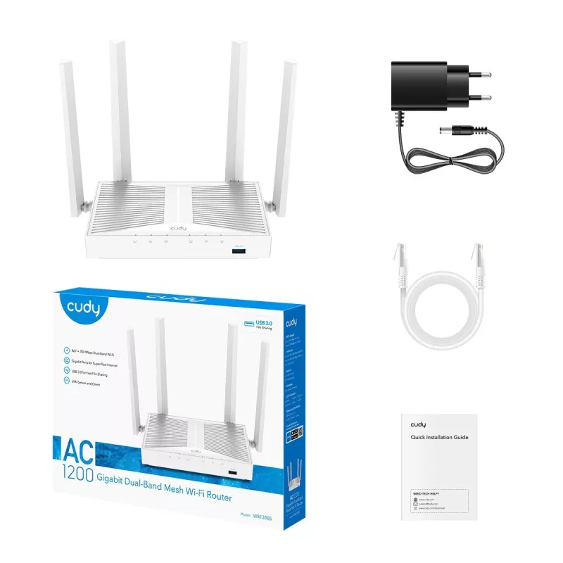Tisch-Wireless-Router Cudy WR1300S — Dualband 2,4/5 GHz, Wi‑Fi 5, Gigabit-Ethernet, 4 LAN, USB, 4 Antennen