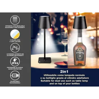 Beper P201UTP118 wiederaufladbare LED-Tischlampe, 1,5 W, Touch-Schalter, dimmbar, 33-mm-Flaschenadapter, wasserbeständig, schwarz