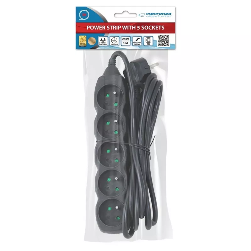 Steckdosenleiste ESPERANZA ELK208K — 5 Steckdosen, 3 m Kabel, schwarz