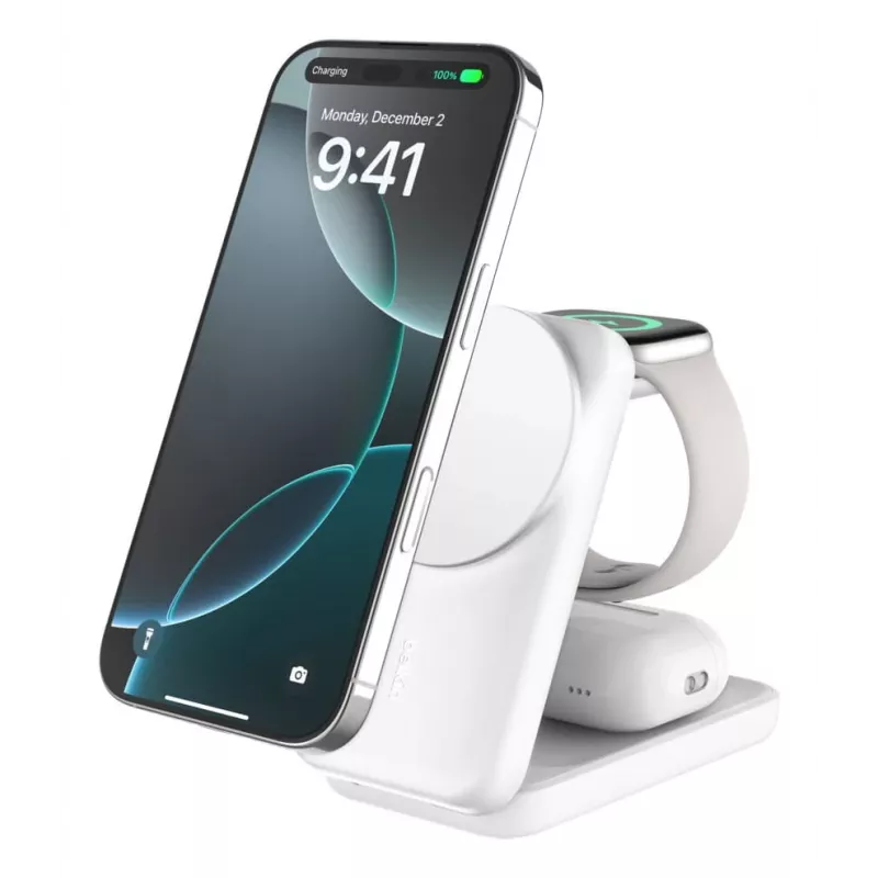 Indoor-Ladegerät Belkin UltraCharge 25W Qi2 3-in-1 Magnetisches Ladegerät EU Weiß Quadratisch