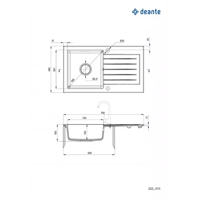 1-BECKEN GRANITSPÜLE MIT ABTROPF FLÄCHE DEANTE SCHWARZ ZORBA