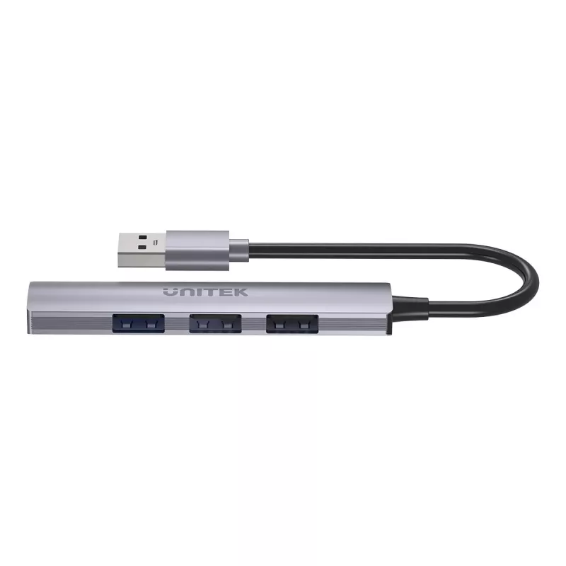 USB-Hub Unitek H1208A — 4 Ports (1 × USB 3.2 Gen 1 Typ-A, 3 × USB 2.0), Aluminiumgehäuse, grau, 0,20 m Kabel