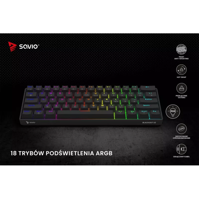 Mechanische Gaming-Tastatur SAVIO SchwarzOUT X2 BROWN 61-Tasten 60% USB QWERTY RGB Outemu Brown
