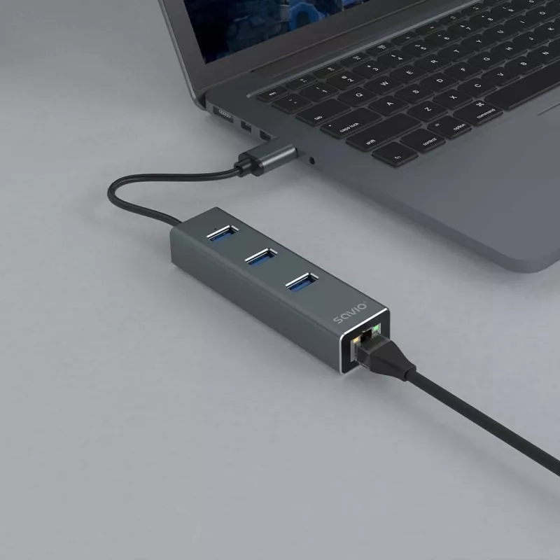 SAVIO USB-A-Hub mit RJ-45 Gigabit Ethernet AK-57 — 3× USB-A + RJ-45, USB 3.2 Gen 1 Micro‑B Host, 5 Gbit/s, 4 Ports, grau