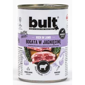 Nassfutter für Hunde BULT Reich an Lamm 800 g — Alleinfuttermittel für ausgewachsene Hunde in der Dose, 12 % Protein, 7,5 % Fett, 75 % Feuchtigkeit