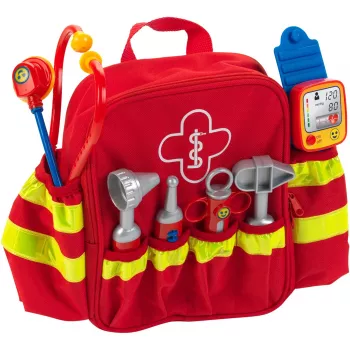 Theo Klein 4314 Notfall-Rettungsrucksack I mit Stethoskop, Spritze und vielem mehr I Elektronisches Blutdruckmessgerät mit Sound I Spielzeug für Kinder
