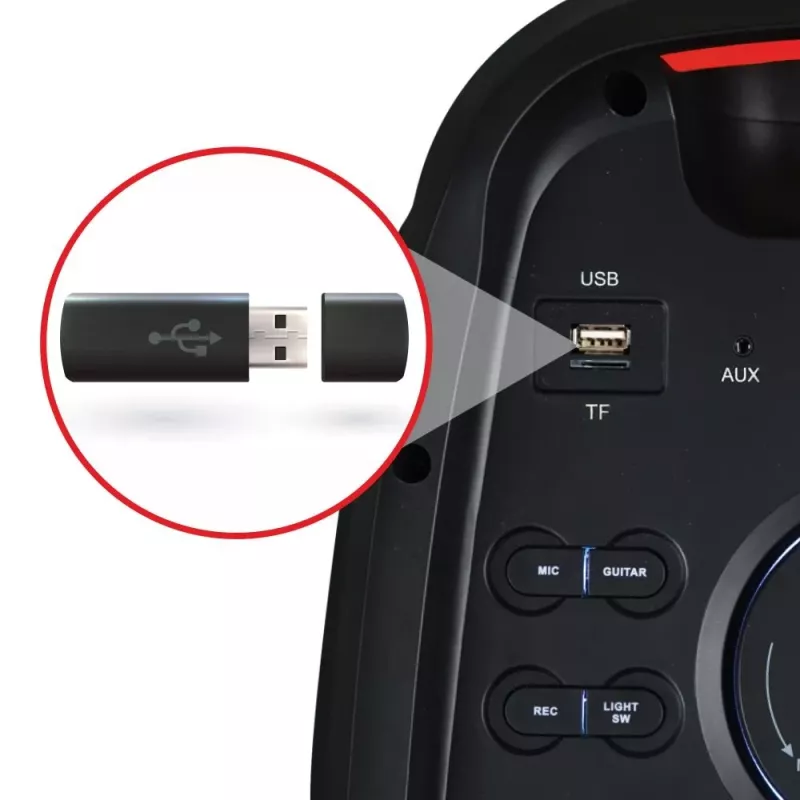 Tragbarer Lautsprecher MANTA ATTIS SPK0802 120W, Bluetooth, kabelgebundener Eingang, wiederaufladbar, FM, LED-Lichter