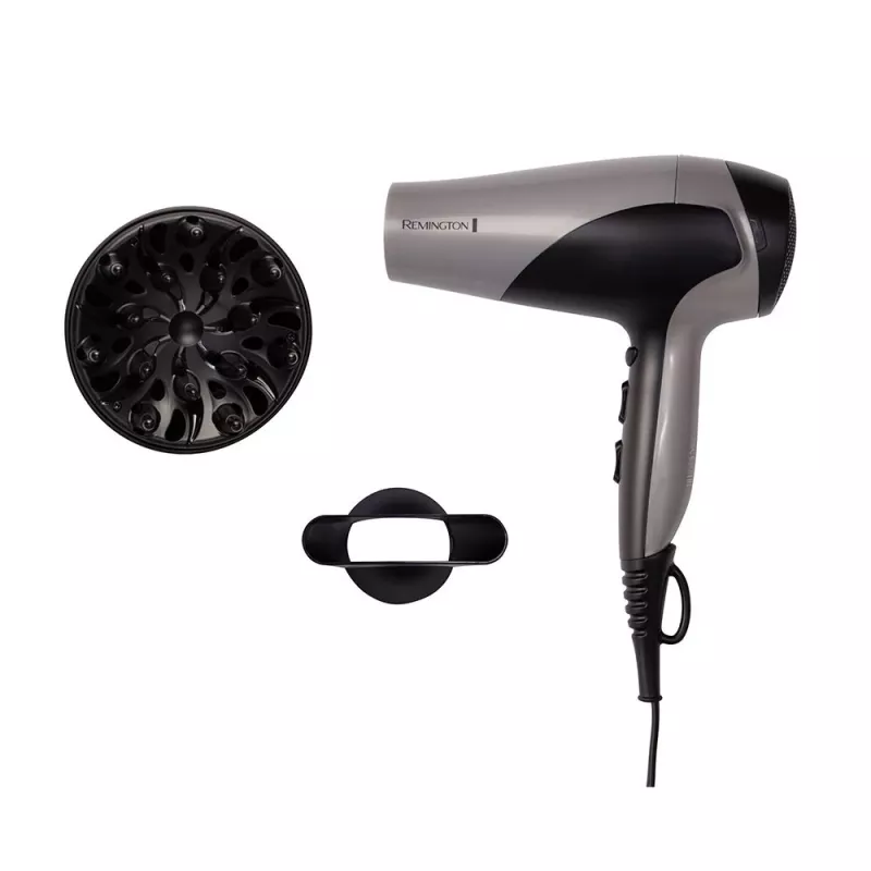 Haartrockner Remington D3190S — 2200 W, ionisch, 3 Hitzestufen, 2 Geschwindigkeiten, Kaltstufe, Diffusor & Konzentrator (Silber/Schwarz)