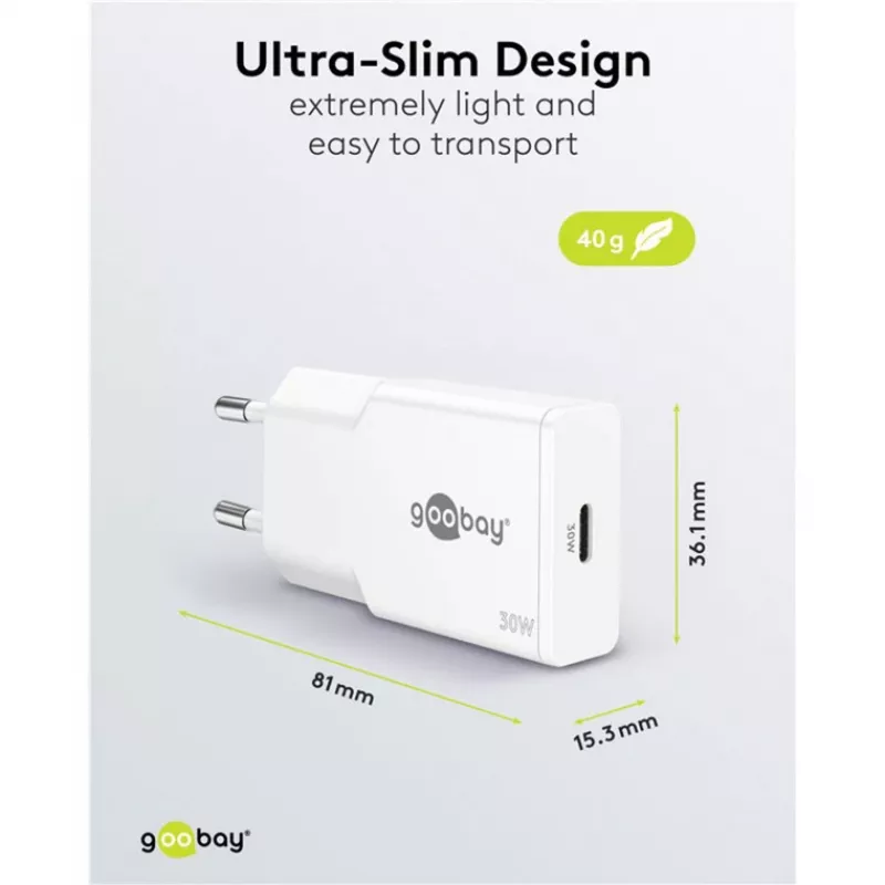 USB-C PD GaN schlank-Schnellladegerät (30 W) (Weiß)