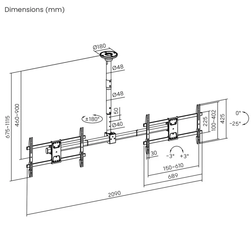 Deckenhalterung MACLEAN MC-111 B für zwei Fernseher, max. Belastung 2×40 kg, max. VESA 600×400
