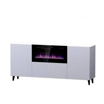 Kommode mit elektrischem Kamin Cama Meble PAFOS, 180 x 42 x 82 cm, Weiß matt, 1400–1600 W, grifflos, 3 Türen, 2 Einlegeböden