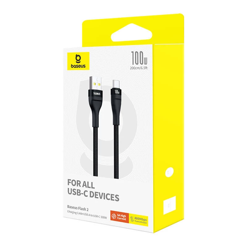 Baseus Flash 2 USB A auf USB C Schnellladekabel 2 m 100 W Schwarz