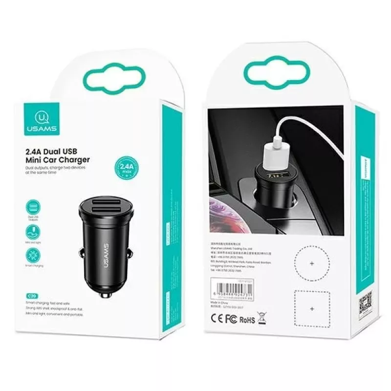 Autoladegerät usams USA000867 — Dual USB 2×2,4A, Schwarz