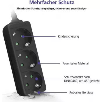 Verlängerungskabel Helos 262802 5m 3 AC-Steckdosen Innenbereich Schwarz