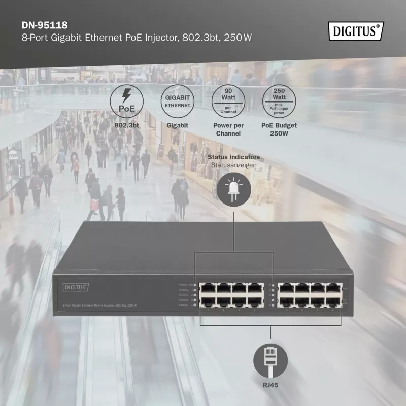 Digitus 8-Port Gigabit Ethernet PoE Injector, 802.3bt, 250 W