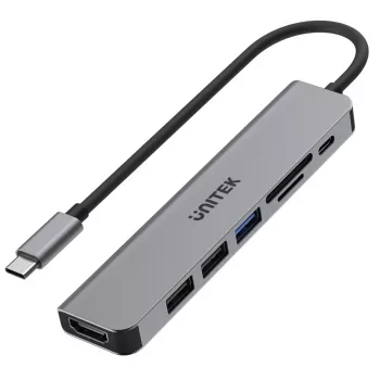 USB-C Hub Unitek 7in1 Aluminium PD 100W 5 Gbps — Multiport-Adapter mit Power Delivery