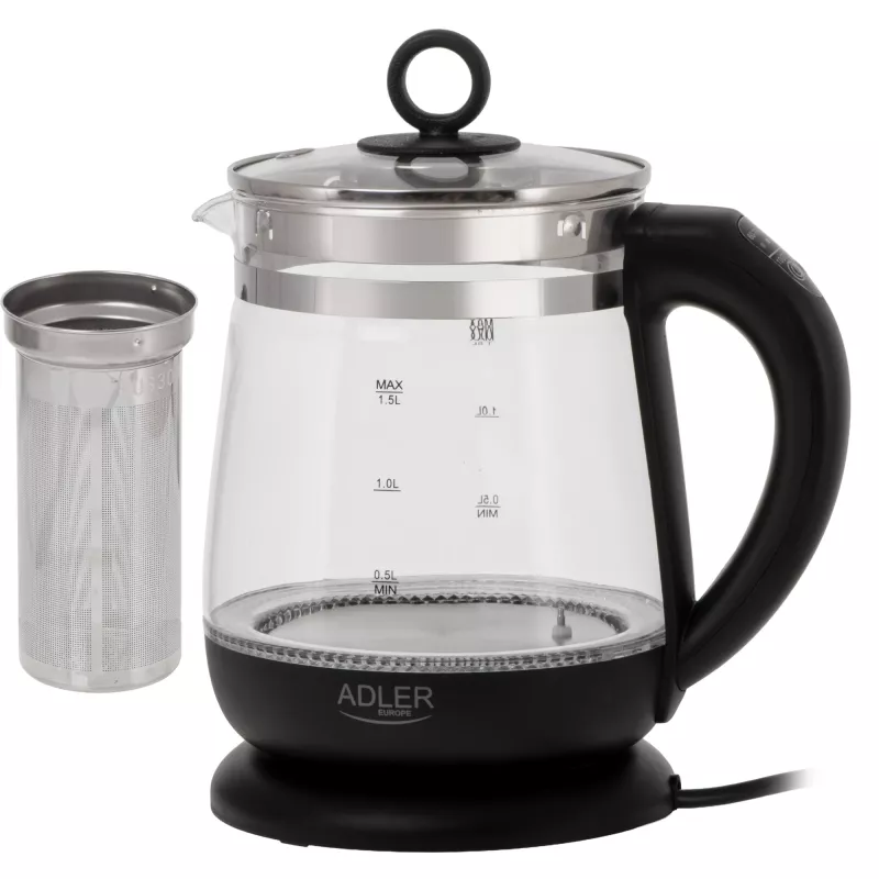 Adler Wasserkocher | AD 1299 | Elektrisch | 2200 W | 1,5 L | Glas | 360°-Drehsockel | Schwarz