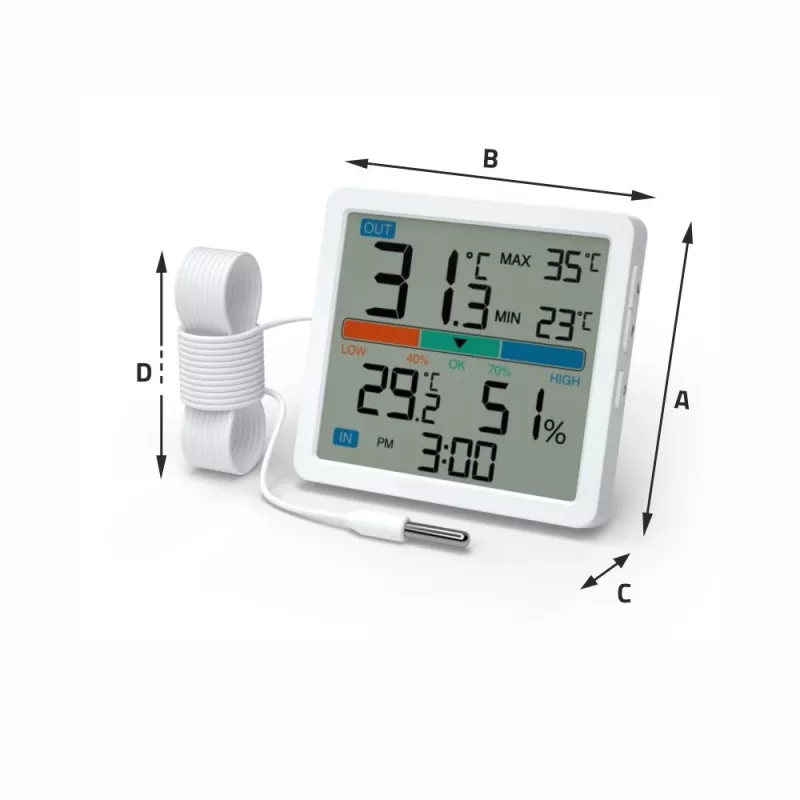 Thermometer‑Hygrometer MANTA MTO002W mit Außensensor (150 cm), innen 0–+50°C, außen -40–+70°C, Luftfeuchtigkeit 20–95% RH, Komfortindikator, Uhr