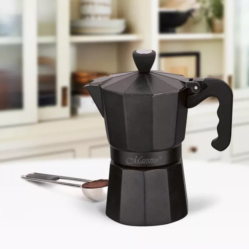 Moka-Kanne Maestro MR-1666-3-Schwarz, manuelle Aluminium-Kaffeemaschine für 3 Tassen, 150 ml, schwarz