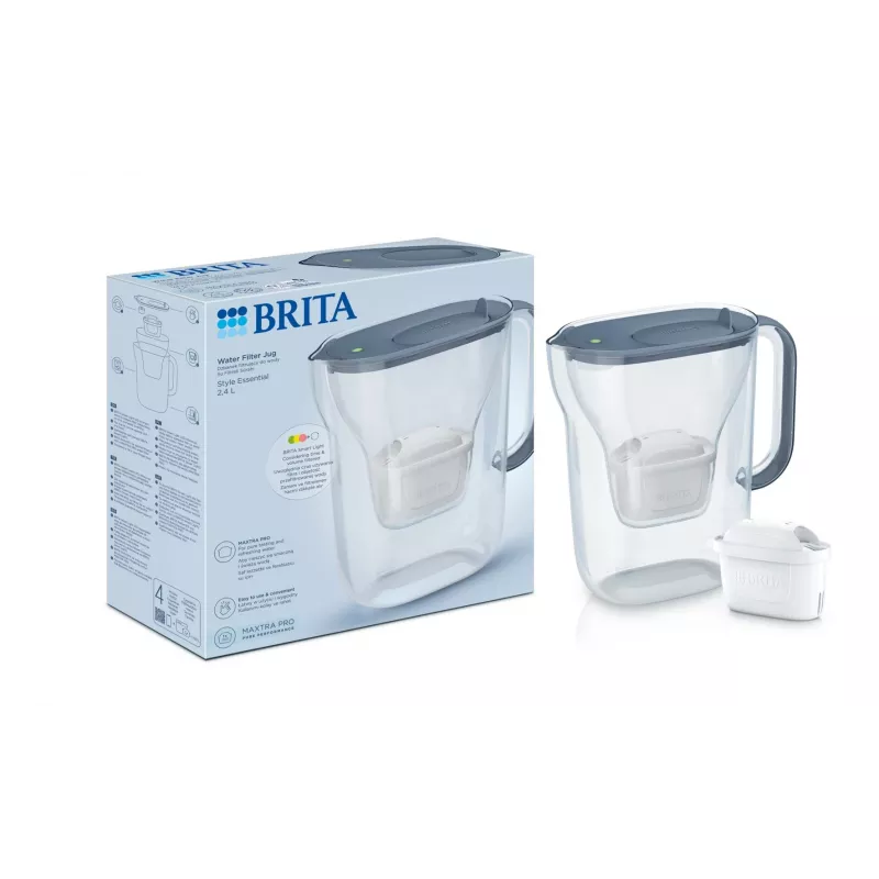 BRITA Style Essential 2,4 L Wasserfilter-Kanne Graphit — Kanne mit MAXTRA-Kartusche, Smart Light, 1,4 L gefiltertes Fassungsvermögen