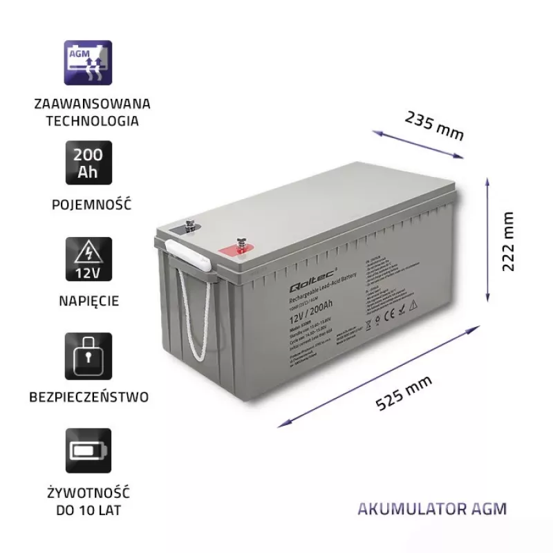 Wiederaufladbare AGM-Batterie QOLTEC 53069 12V 200Ah für Backup-Stromversorgung und USV-Systeme