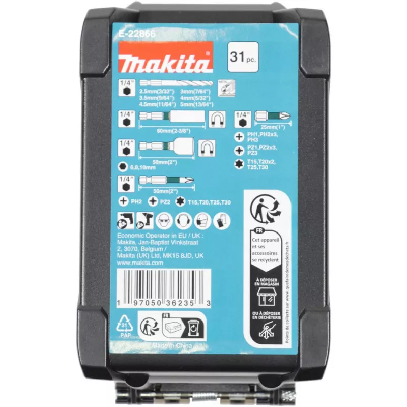 Bohrerset Makita E-22866 — 31-teilig, verschiedene Größen für Holz, Metall, Mauerwerk