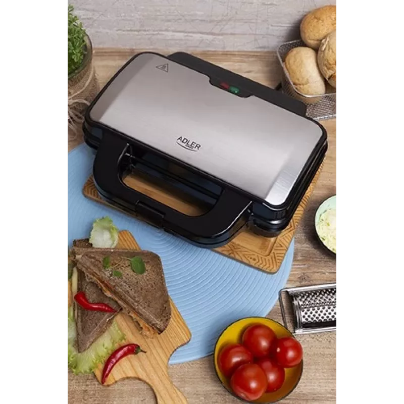 Sandwichmaker Adler AD 3043, 1300 W, Antihaftplatten, 2 Sandwiches, Kochfläche 285 × 152 mm, schwarz