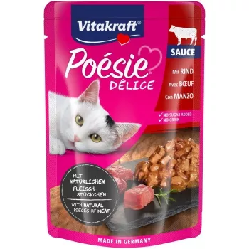 Nassfutter für Katzen Vitakraft Poésie Delice — Rind, 85-g-Beutel, ausgewachsene Katzen, 84 % Feuchtigkeit, 8 % Protein