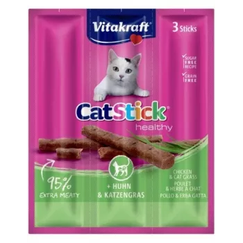 Feuchte Katzensnacks Vitakraft CatStick Mini Huhn mit Gras, 3 St. — 18 g, fleischiger Hühnergeschmack, 28% Feuchtigkeit