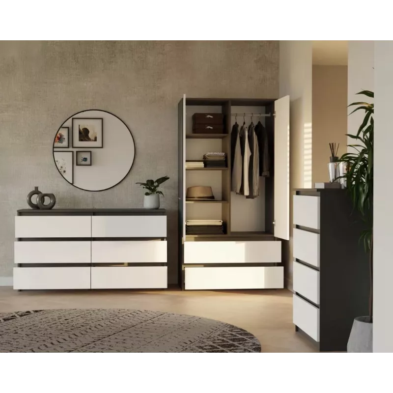 Kleiderschrank top e shop MALWA SS-90, 90×180×50 cm, anthrazitfarbener Rahmen, weiße Drehtüren, 2 Schubladen, Laminat 16 mm