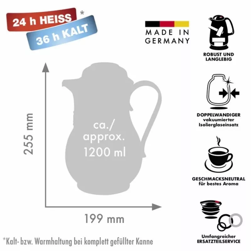 Thermoskanne ROTPUNKT 1,2 L, elfenbein — 24 h heiß / 36 h kalt, Handgriff, 199×255 mm