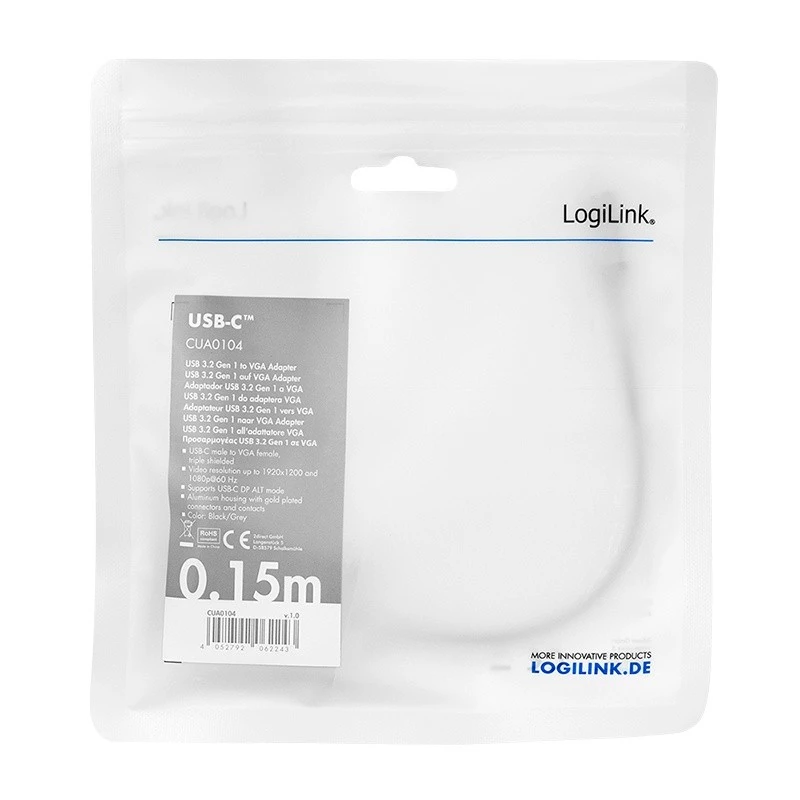 USB-Typ-C-auf-VGA-(D-Sub)-Video-Adapterkabel LOGILINK CUA0104 0,15 m, grau/schwarz