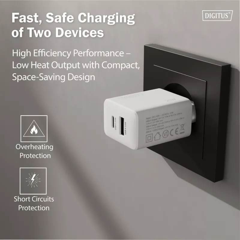 AC USB-Ladegerät DIGITUS 20W, 1x USB-C, 1x USB-A, Eingang 100–240V, Weiß
