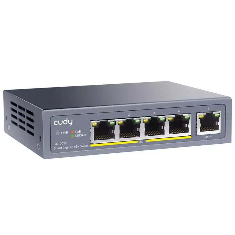 Cudy GS1005P Netzwerk-Switch — 5-Port Gigabit Ethernet mit 4 PoE-Ports, 60 W Gesamtleistung, Metallgehäuse, rackmontierbar