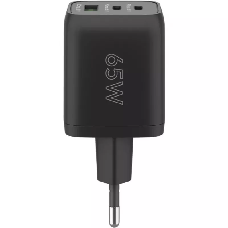 USB-C Fast Charger Nano, PD, GaN, 65 Watt, USB-C Braided Kabel (schwarz, 1x USB-A, 2x USB-C PD, Quick Charge 3.0, 1 Meter Kabel)
