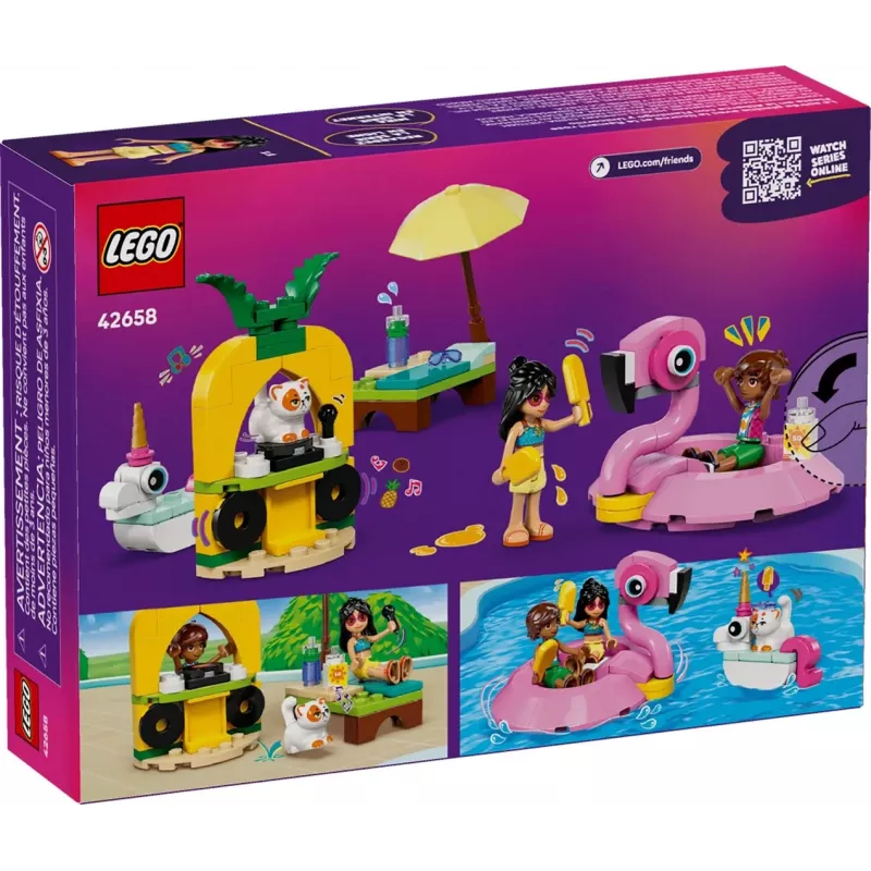 Konstruktionsspielzeug LEGO Friends Set 42658 Poolparty mit Einhorn und Flamingo, Figuren und Zubehör
