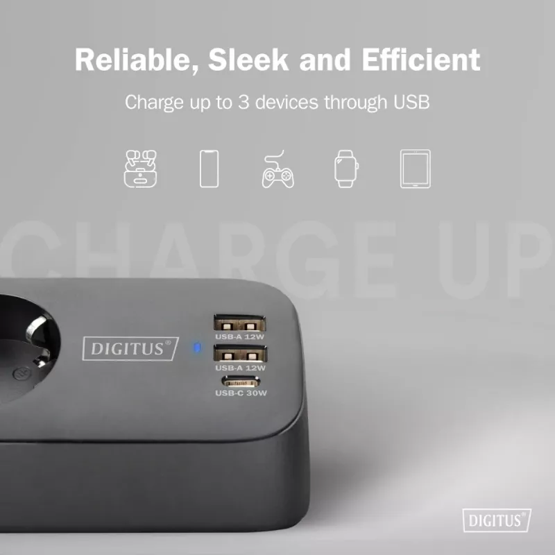 Mehrfachsteckdose DIGITUS 3-fach mit 2×USB-A & 1×USB-C, 3 AC-Steckdosen Typ E/F, 1,5 m Kabel, schwarz